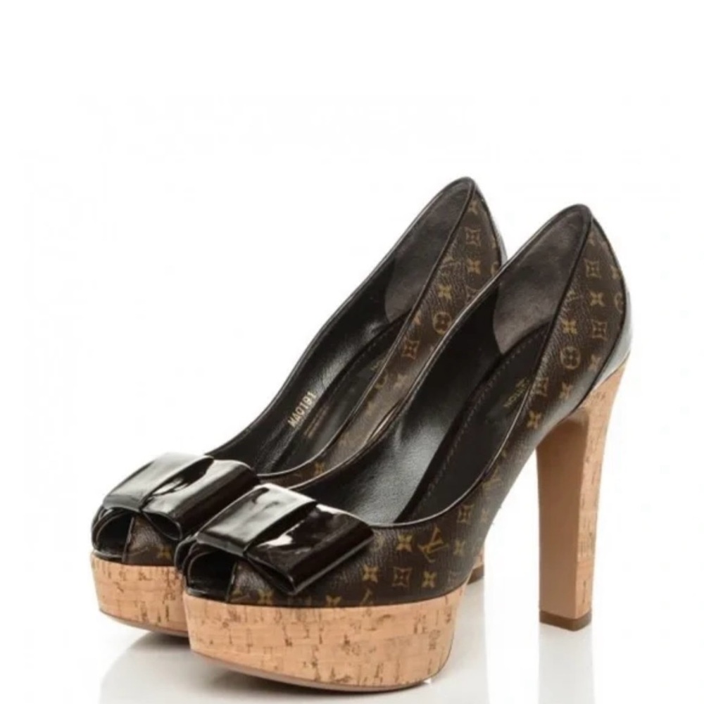 Louis Vuitton Rivoli Cork Monogram Platform Peep Toe Pumps